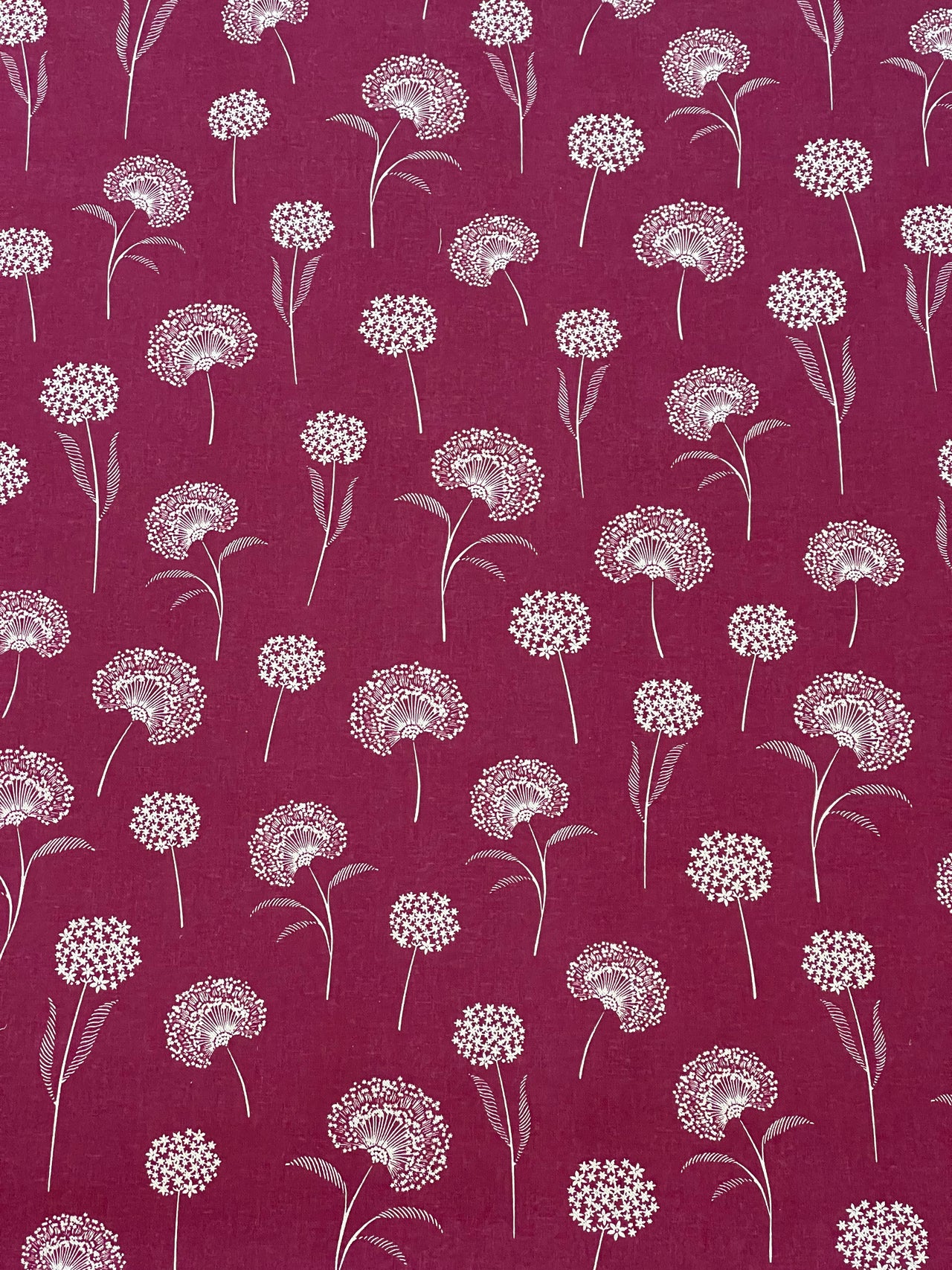 Elegant Dandelion Linen look Red Burgundy Fabric Botanical Pattern for Upholstery, Drapery & Crafts