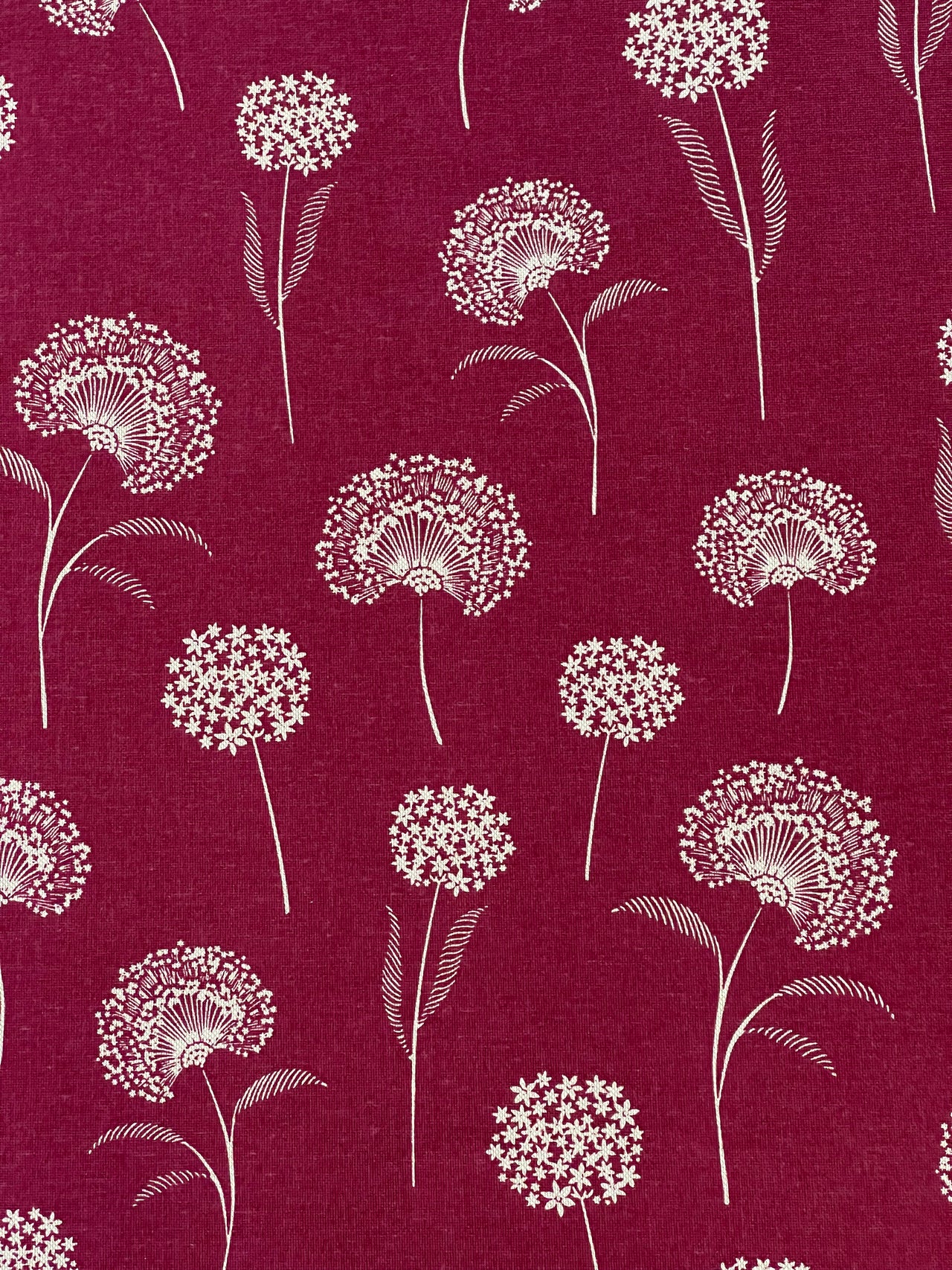 Elegant Dandelion Linen look Red Burgundy Fabric Botanical Pattern for Upholstery, Drapery & Crafts