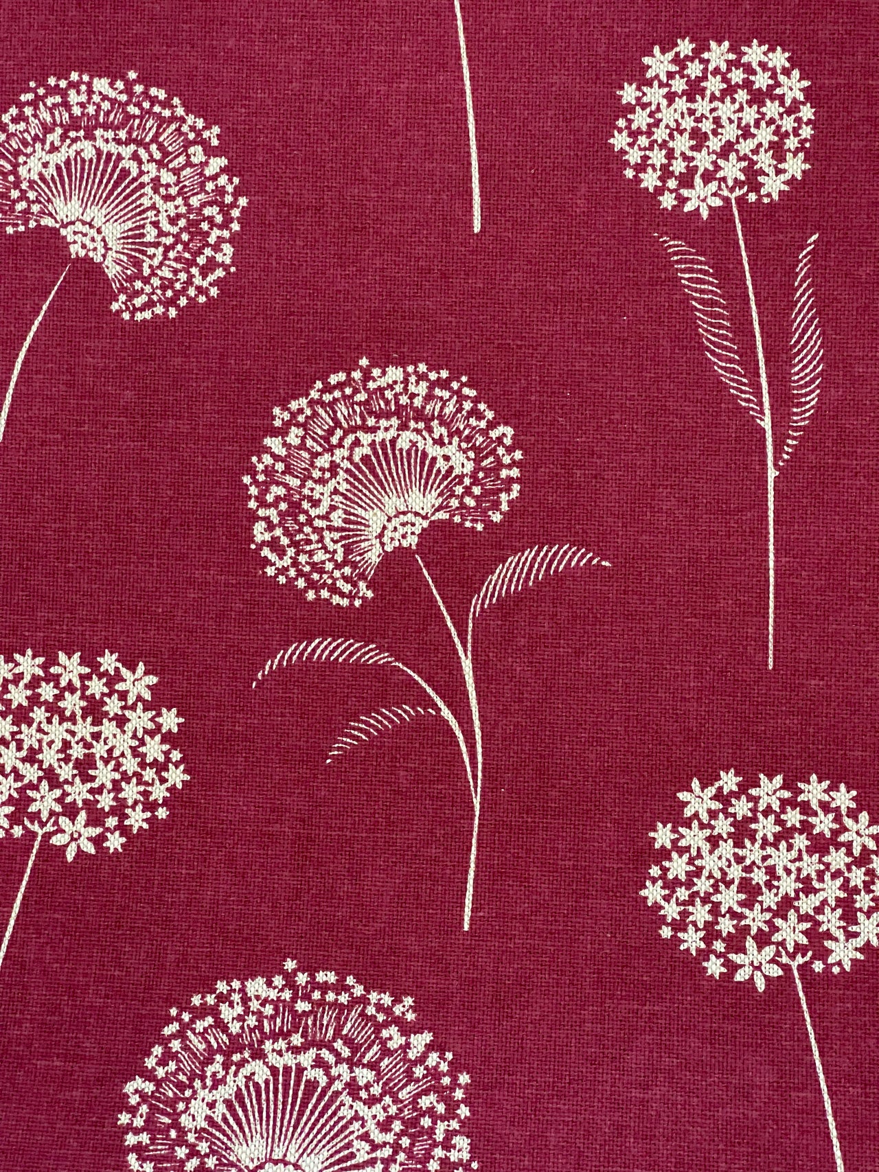 Elegant Dandelion Linen look Red Burgundy Fabric Botanical Pattern for Upholstery, Drapery & Crafts