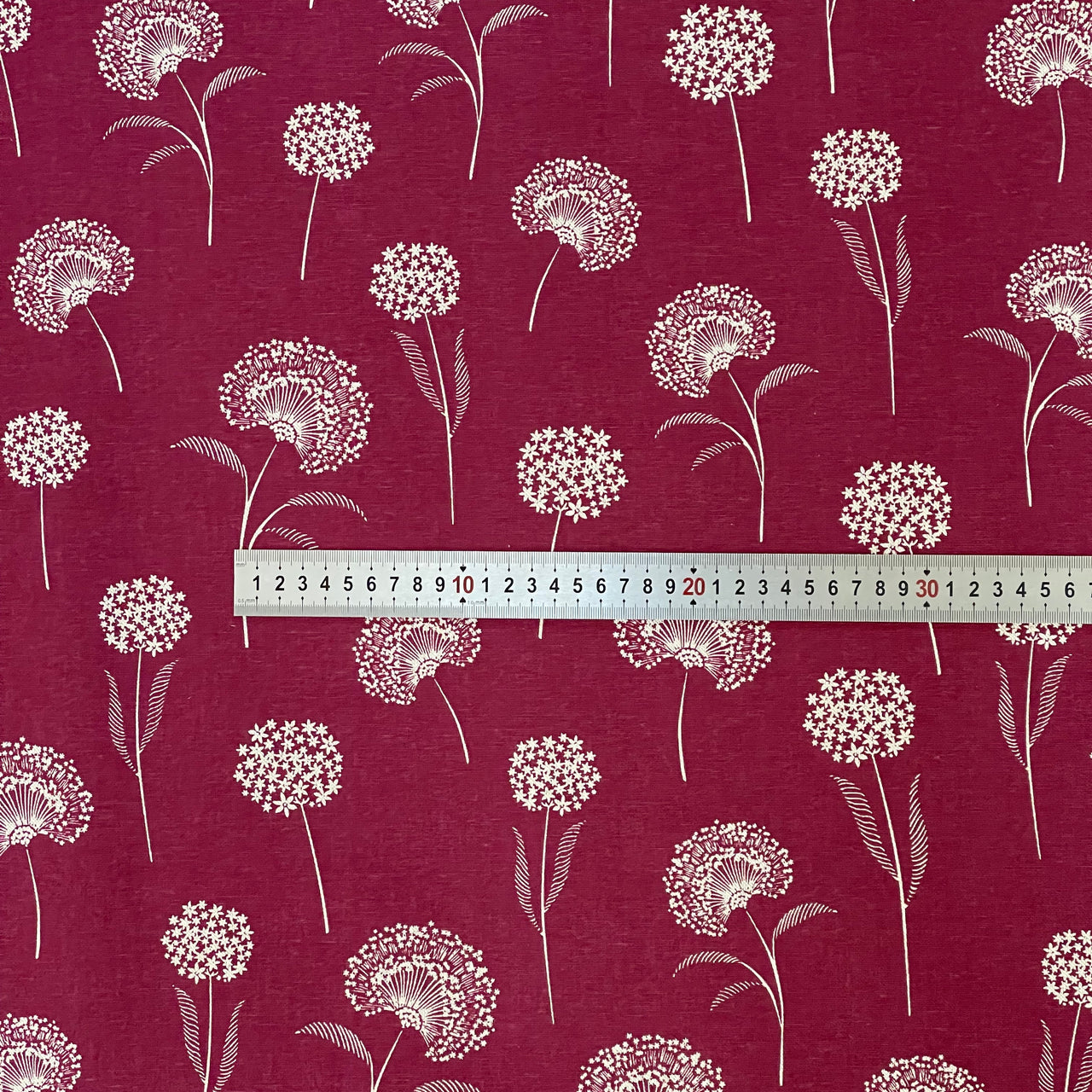 Elegant Dandelion Linen look Red Burgundy Fabric Botanical Pattern for Upholstery, Drapery & Crafts