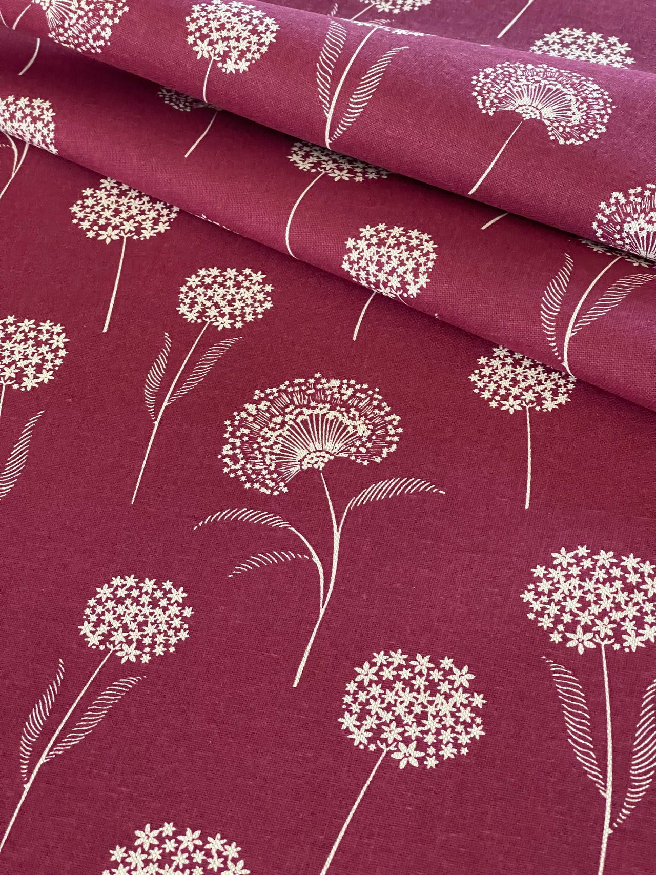 Elegant Dandelion Linen look Red Burgundy Fabric Botanical Pattern for Upholstery, Drapery & Crafts