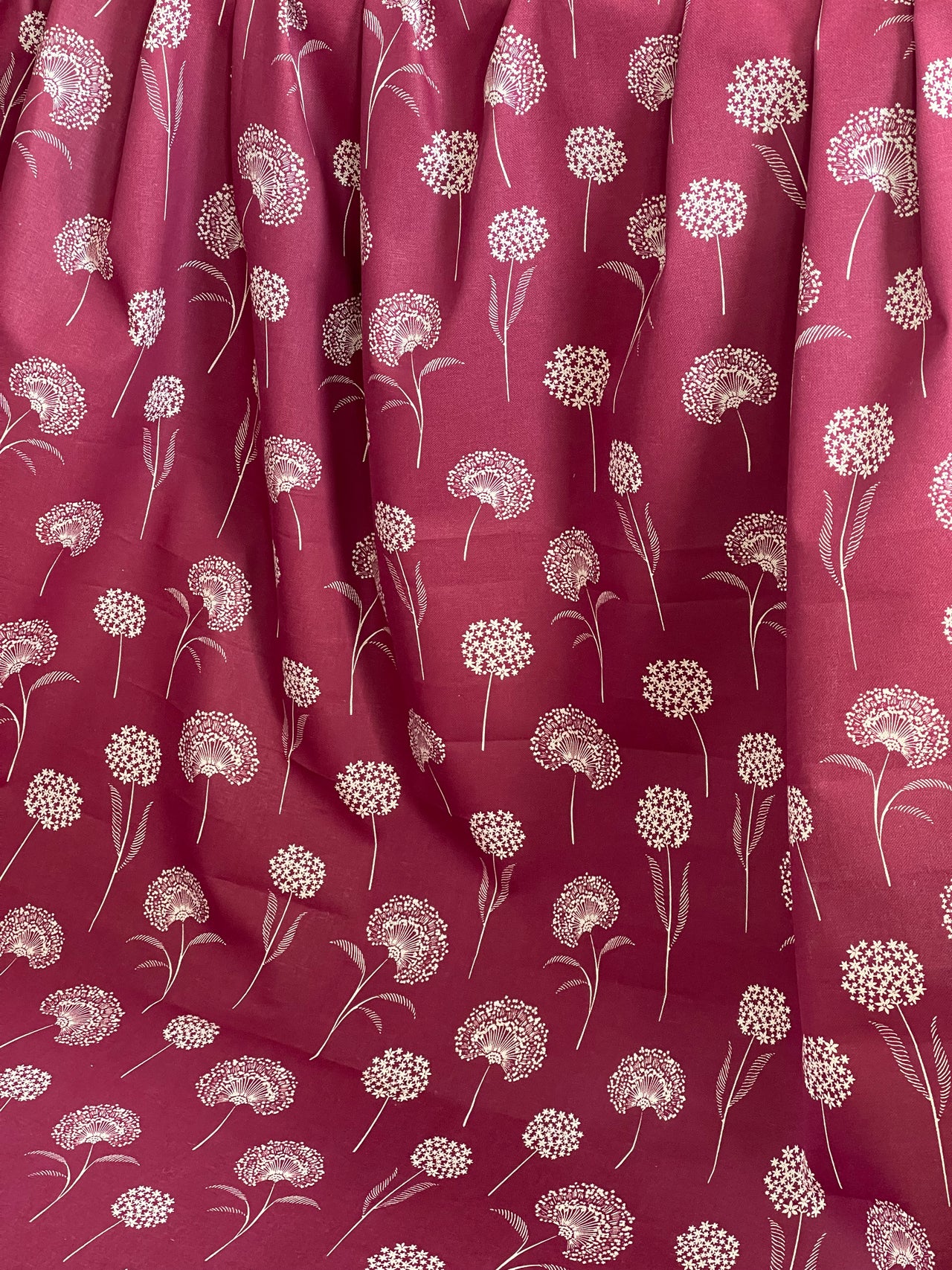 Elegant Dandelion Linen look Red Burgundy Fabric Botanical Pattern for Upholstery, Drapery & Crafts