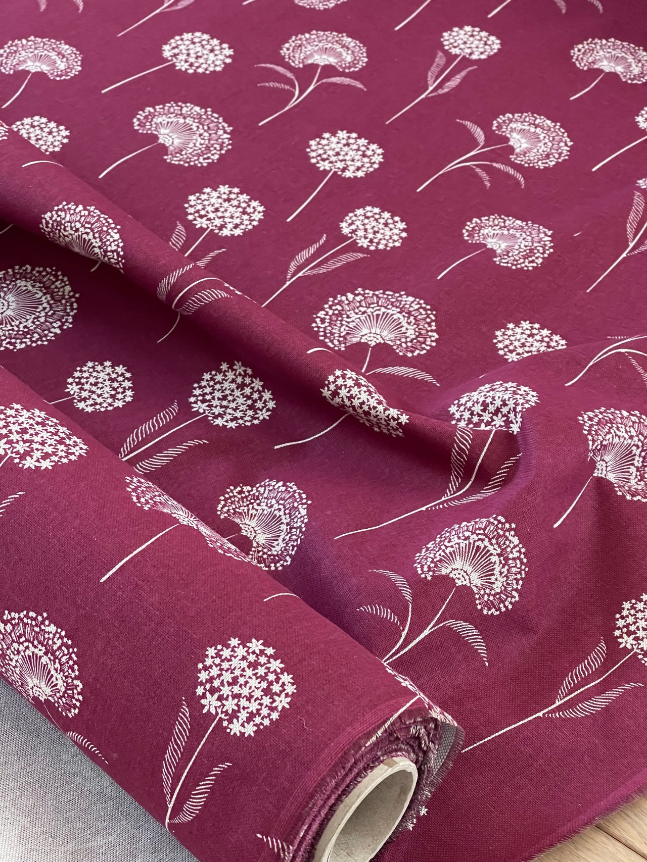 Elegant Dandelion Linen look Red Burgundy Fabric Botanical Pattern for Upholstery, Drapery & Crafts