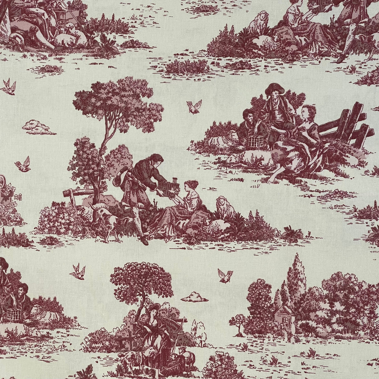 Classic Red Toile de Jouy Fabric Mountain and Nature Lovers, Shepherds, Birds, Flowers and Trees