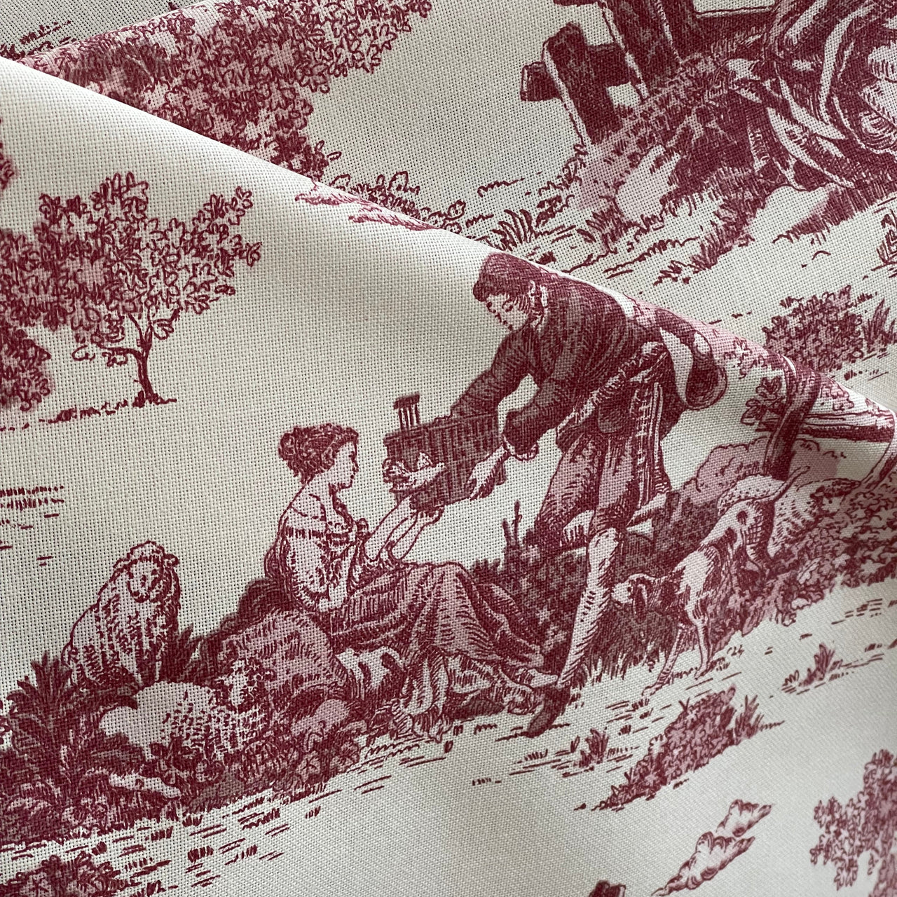 Classic Red Toile de Jouy Fabric Mountain and Nature Lovers, Shepherds, Birds, Flowers and Trees