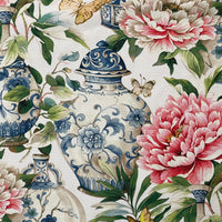 Thumbnail for White Jardin Cotton Fabric - Botanical Floral Print with Ming Vases & Pink Damask Peony Roses for Home Decor