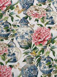 Thumbnail for White Jardin Cotton Fabric - Botanical Floral Print with Ming Vases & Pink Damask Peony Roses for Home Decor