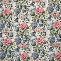 Thumbnail for White Jardin Cotton Fabric - Botanical Floral Print with Ming Vases & Pink Damask Peony Roses for Home Decor