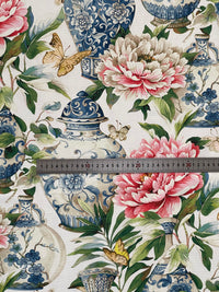 Thumbnail for White Jardin Cotton Fabric - Botanical Floral Print with Ming Vases & Pink Damask Peony Roses for Home Decor