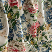 Thumbnail for White Jardin Cotton Fabric - Botanical Floral Print with Ming Vases & Pink Damask Peony Roses for Home Decor