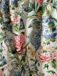 Thumbnail for White Jardin Cotton Fabric - Botanical Floral Print with Ming Vases & Pink Damask Peony Roses for Home Decor