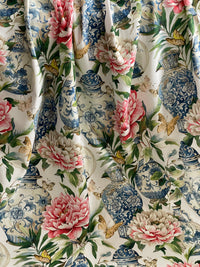 Thumbnail for White Jardin Cotton Fabric - Botanical Floral Print with Ming Vases & Pink Damask Peony Roses for Home Decor