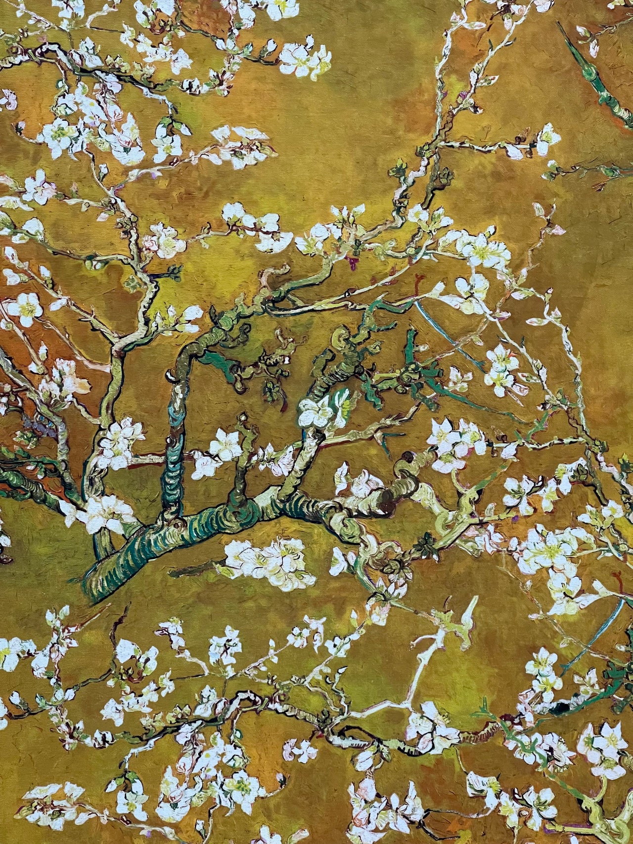 Almond Blossoms Cotton Fabric – Van Gogh Painting in Golden Yellow Orange and Green Tone - Cherry Blooms Design