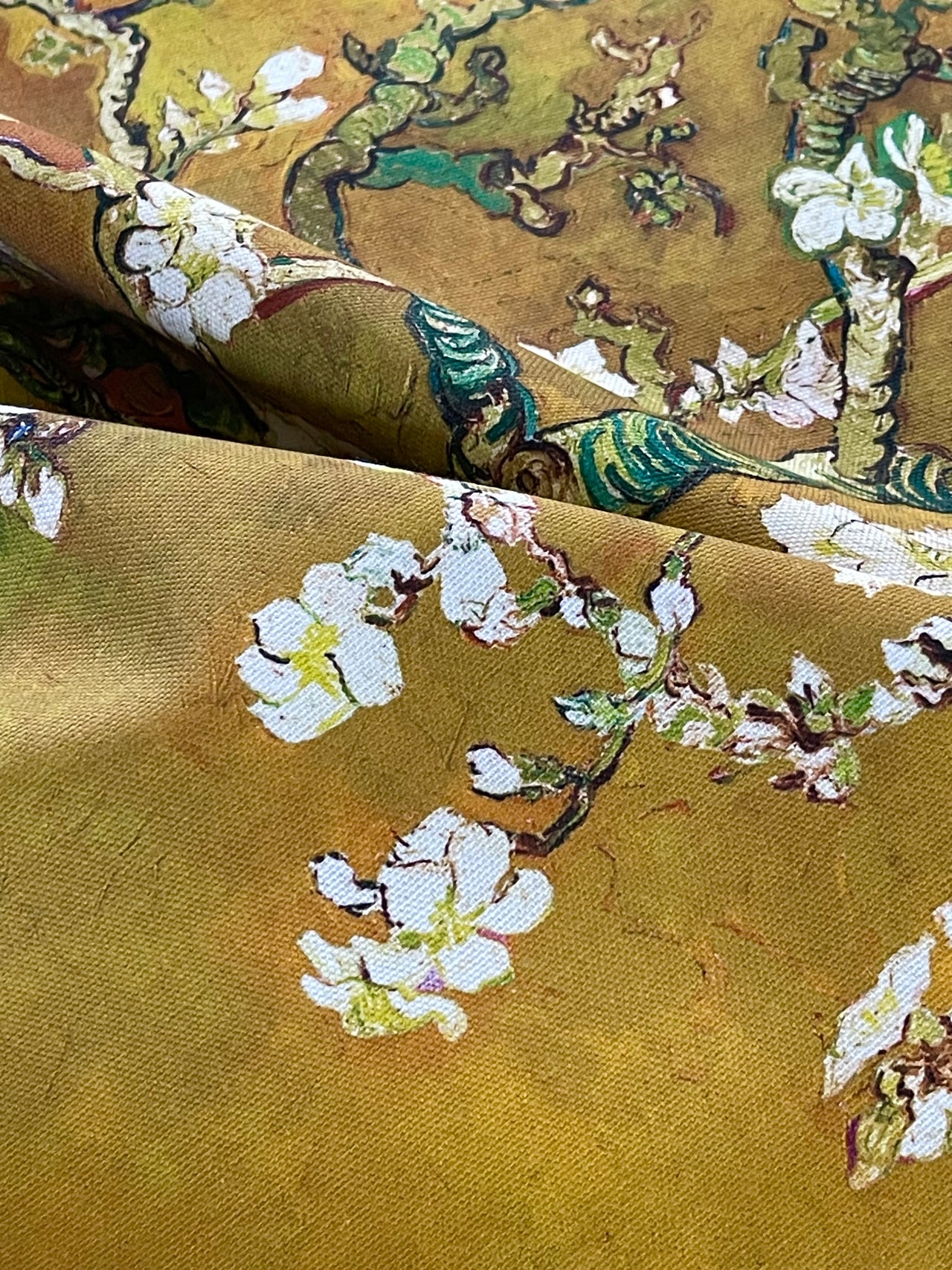 Almond Blossoms Cotton Fabric – Van Gogh Painting in Golden Yellow Orange and Green Tone - Cherry Blooms Design