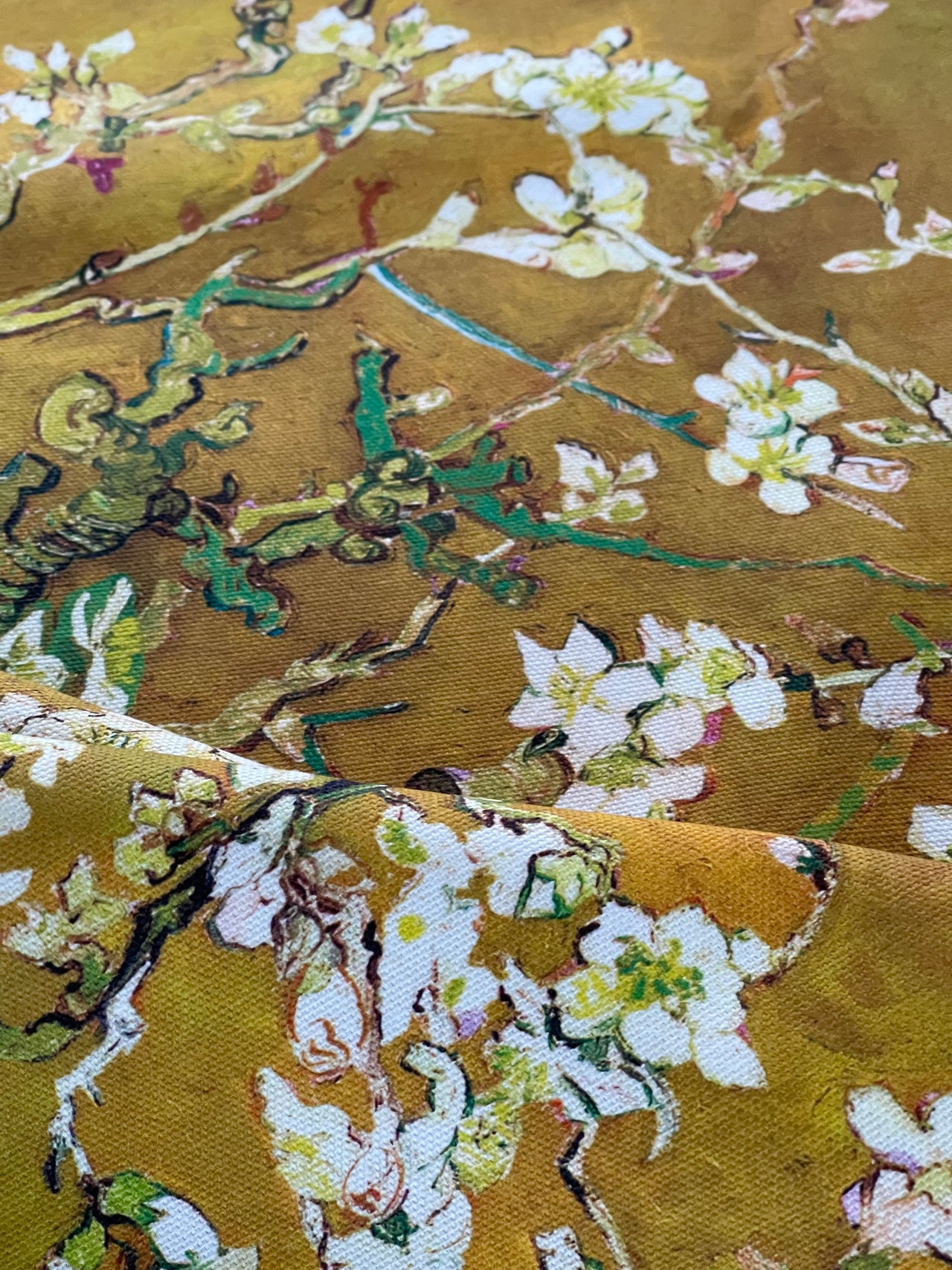 Almond Blossoms Cotton Fabric – Van Gogh Painting in Golden Yellow Orange and Green Tone - Cherry Blooms Design