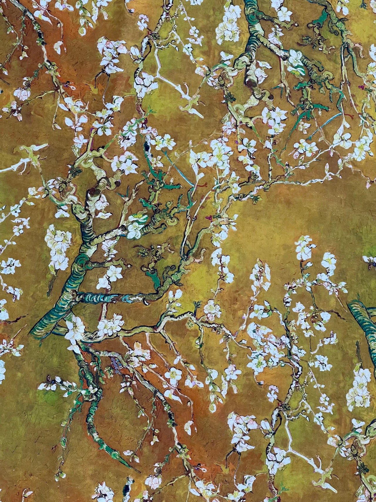 Almond Blossoms Cotton Fabric – Van Gogh Painting in Golden Yellow Orange and Green Tone - Cherry Blooms Design