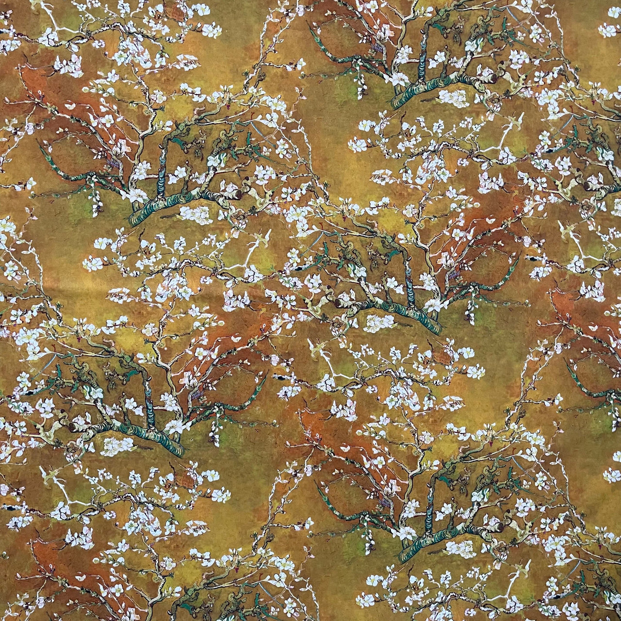 Almond Blossoms Cotton Fabric – Van Gogh Painting in Golden Yellow Orange and Green Tone - Cherry Blooms Design