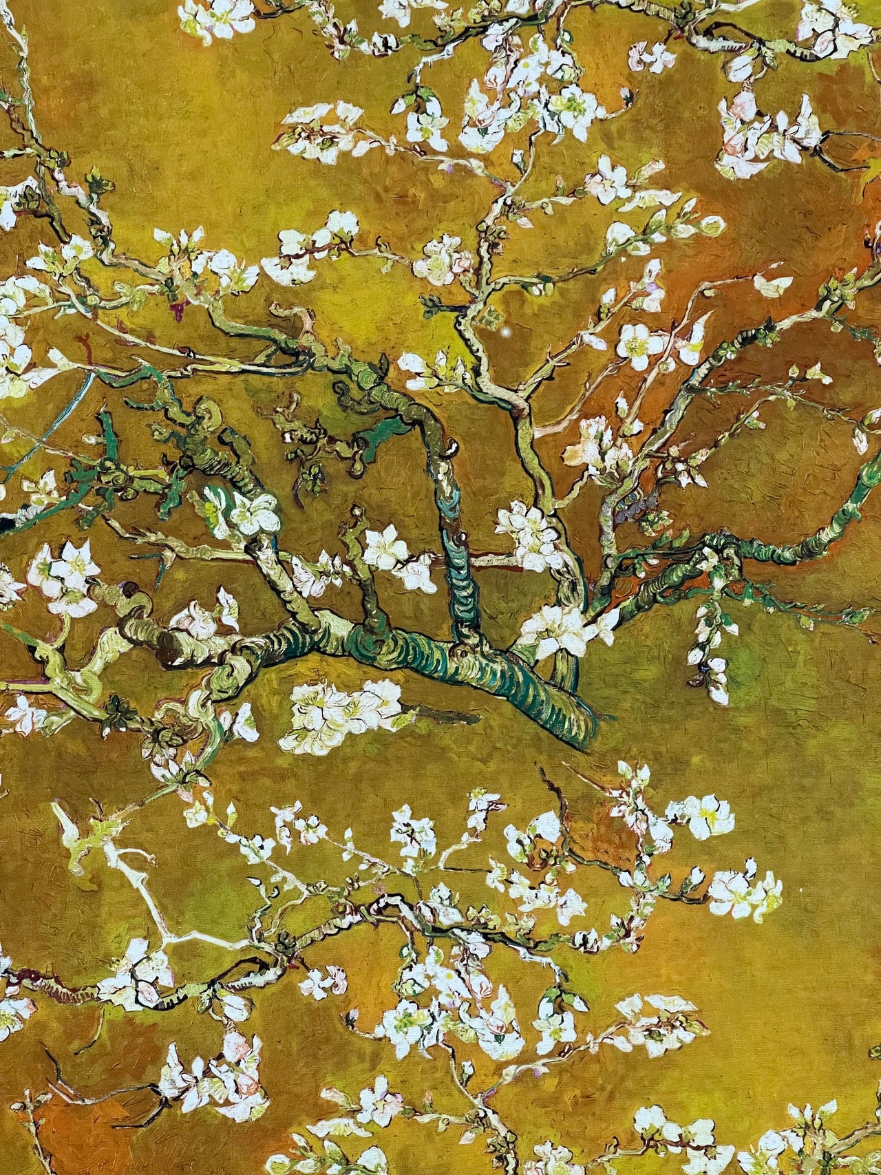 Almond Blossoms Cotton Fabric – Van Gogh Painting in Golden Yellow Orange and Green Tone - Cherry Blooms Design