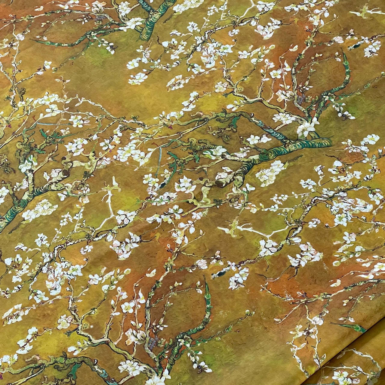 Almond Blossoms Cotton Fabric – Van Gogh Painting in Golden Yellow Orange and Green Tone - Cherry Blooms Design