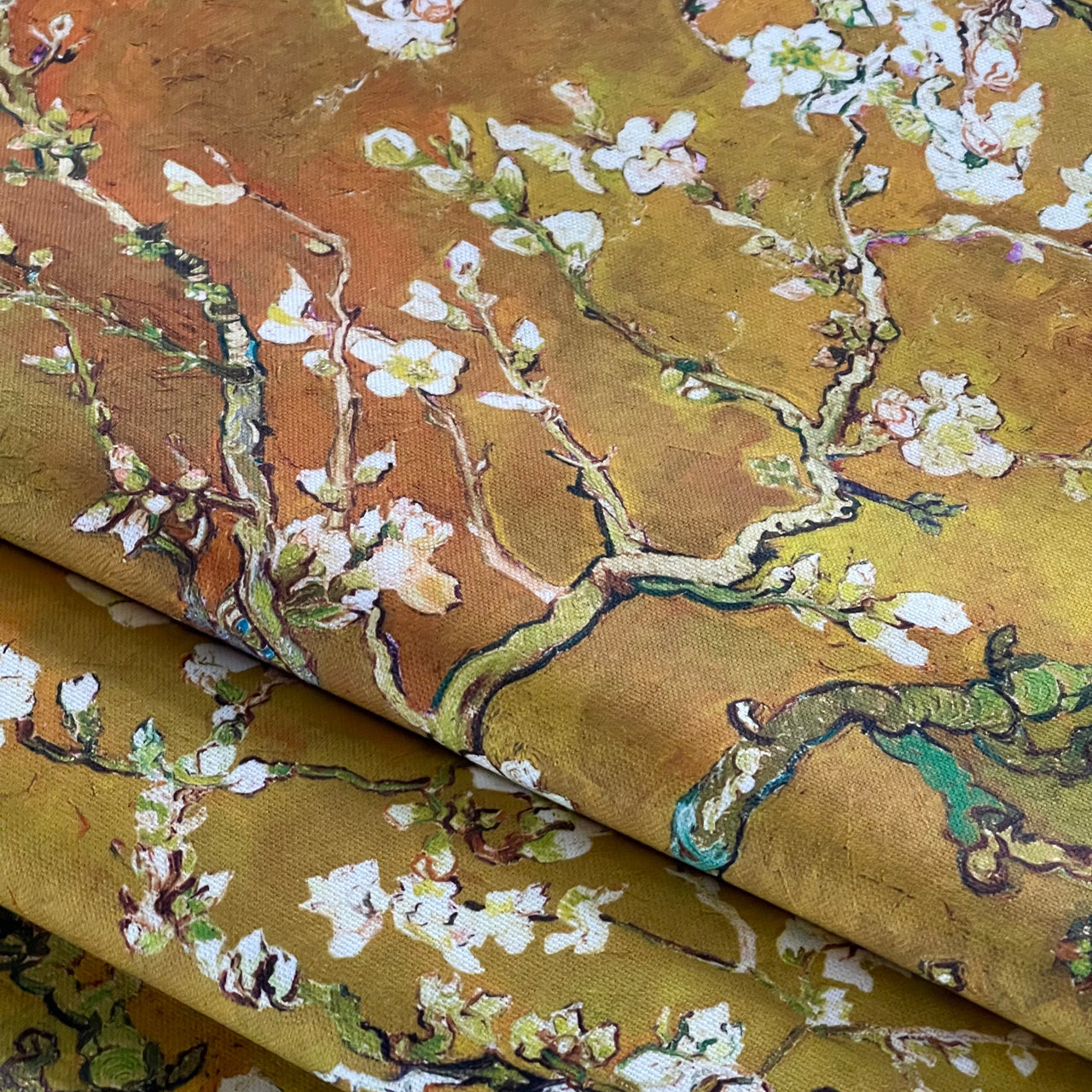 Almond Blossoms Cotton Fabric – Van Gogh Painting in Golden Yellow Orange and Green Tone - Cherry Blooms Design