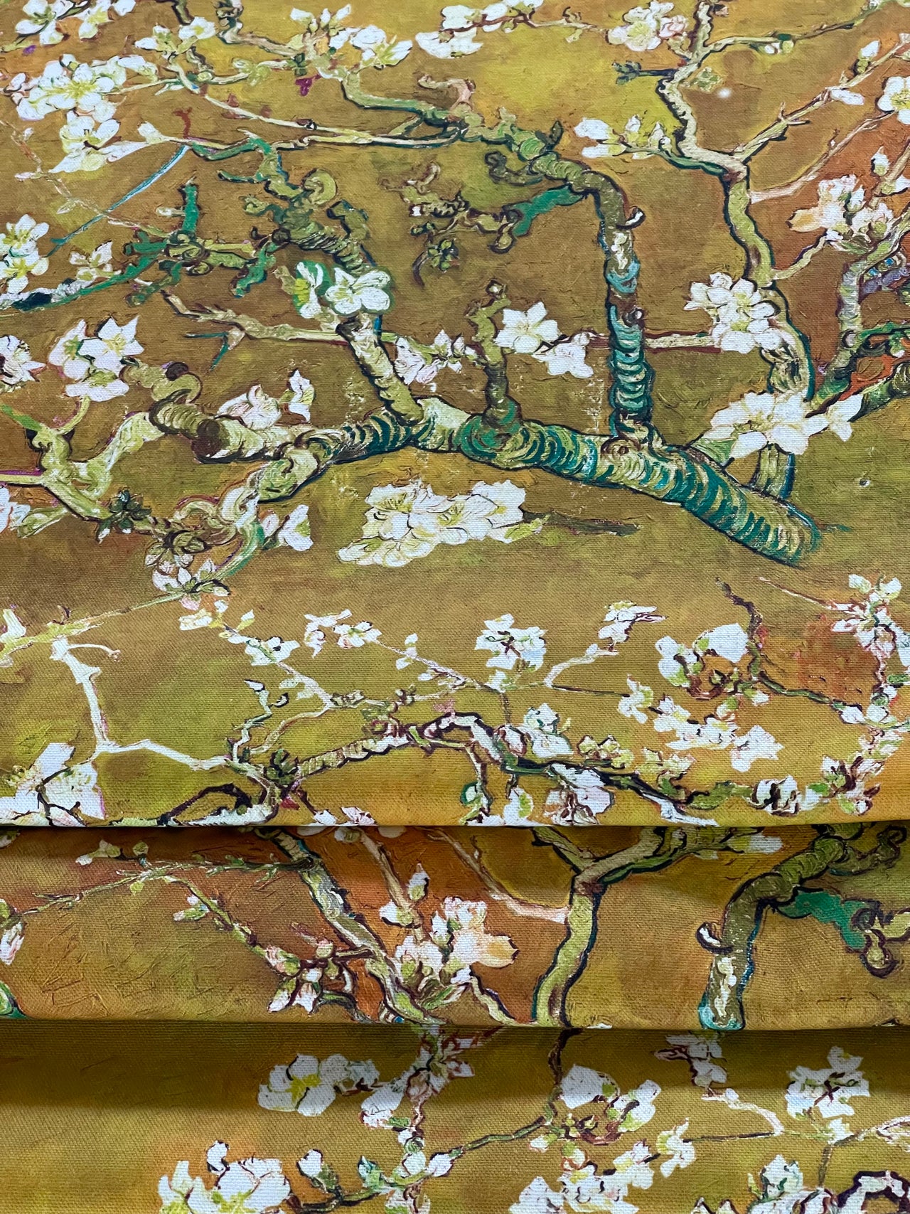 Almond Blossoms Cotton Fabric – Van Gogh Painting in Golden Yellow Orange and Green Tone - Cherry Blooms Design