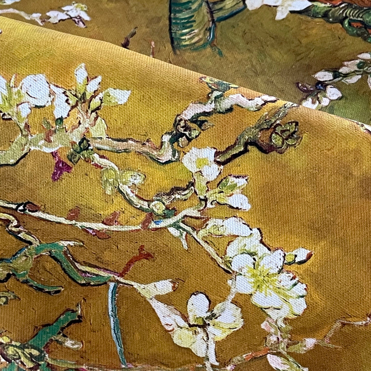 Almond Blossoms Cotton Fabric – Van Gogh Painting in Golden Yellow Orange and Green Tone - Cherry Blooms Design