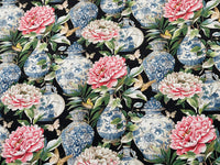 Thumbnail for Black Jardin Cotton Fabric - Botanical Floral Print with Ming Vases & Pink Damask Peony Roses for Home Decor