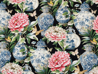 Thumbnail for Black Jardin Cotton Fabric - Botanical Floral Print with Ming Vases & Pink Damask Peony Roses for Home Decor