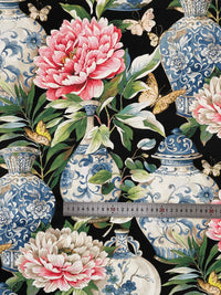 Thumbnail for Black Jardin Cotton Fabric - Botanical Floral Print with Ming Vases & Pink Damask Peony Roses for Home Decor