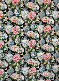 Thumbnail for Black Jardin Cotton Fabric - Botanical Floral Print with Ming Vases & Pink Damask Peony Roses for Home Decor