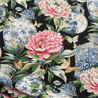 Thumbnail for Black Jardin Cotton Fabric - Botanical Floral Print with Ming Vases & Pink Damask Peony Roses for Home Decor