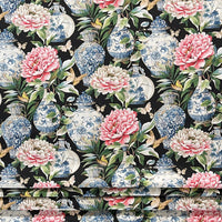 Thumbnail for Black Jardin Cotton Fabric - Botanical Floral Print with Ming Vases & Pink Damask Peony Roses for Home Decor