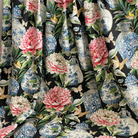 Thumbnail for Black Jardin Cotton Fabric - Botanical Floral Print with Ming Vases & Pink Damask Peony Roses for Home Decor