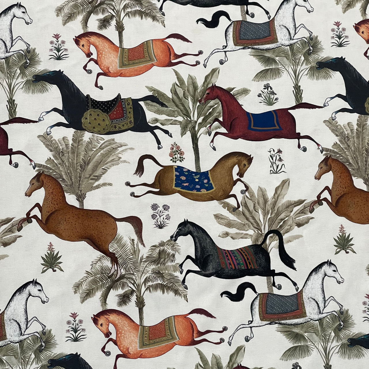 Arabian Horses Galloping on Off-White Cotton Fabric with Palm Tree Design - Perfect for Home Decor