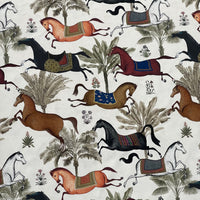 Thumbnail for Arabian Horses Galloping on Off-White Cotton Fabric with Palm Tree Design - Perfect for Home Decor