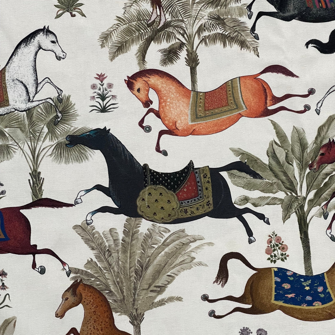 Arabian Horses Galloping on Off-White Cotton Fabric with Palm Tree Design - Perfect for Home Decor