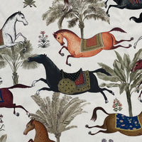 Thumbnail for Arabian Horses Galloping on Off-White Cotton Fabric with Palm Tree Design - Perfect for Home Decor