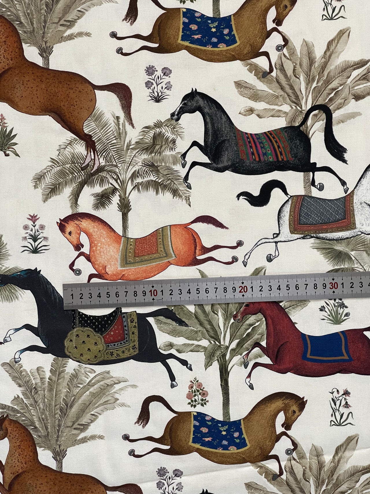 Arabian Horses Galloping on Off-White Cotton Fabric with Palm Tree Design - Perfect for Home Decor