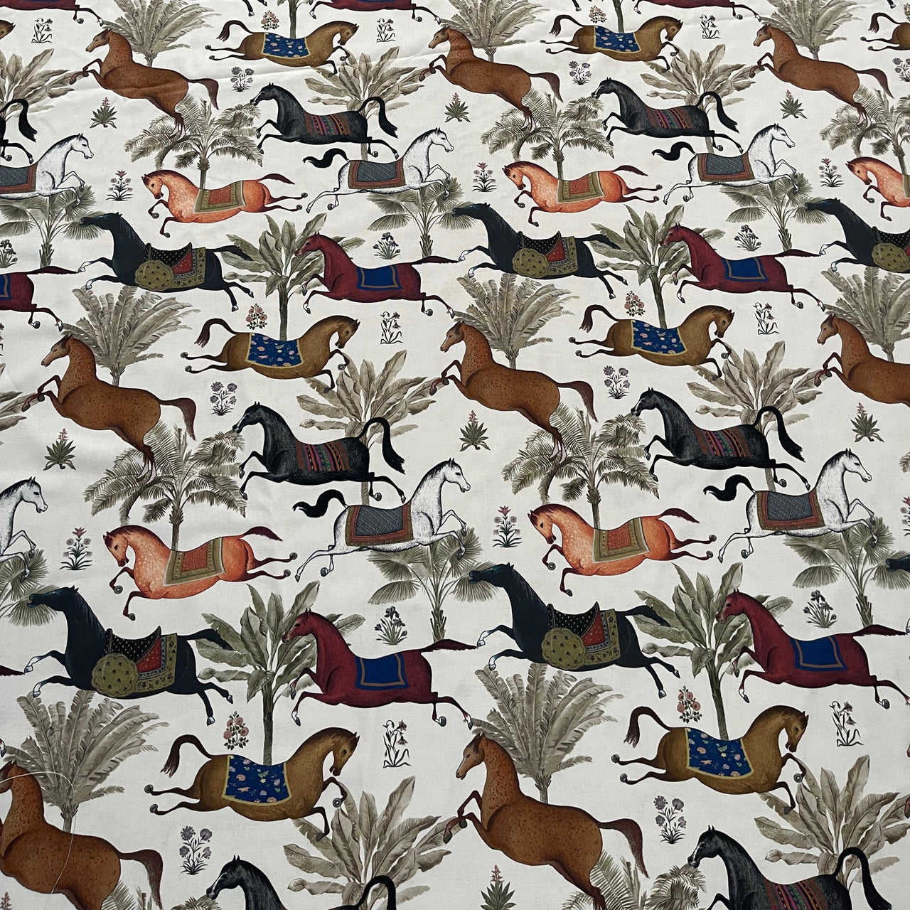 Arabian Horses Galloping on Off-White Cotton Fabric with Palm Tree Design - Perfect for Home Decor