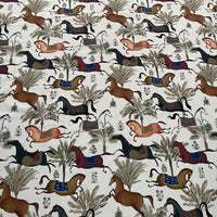 Thumbnail for Arabian Horses Galloping on Off-White Cotton Fabric with Palm Tree Design - Perfect for Home Decor