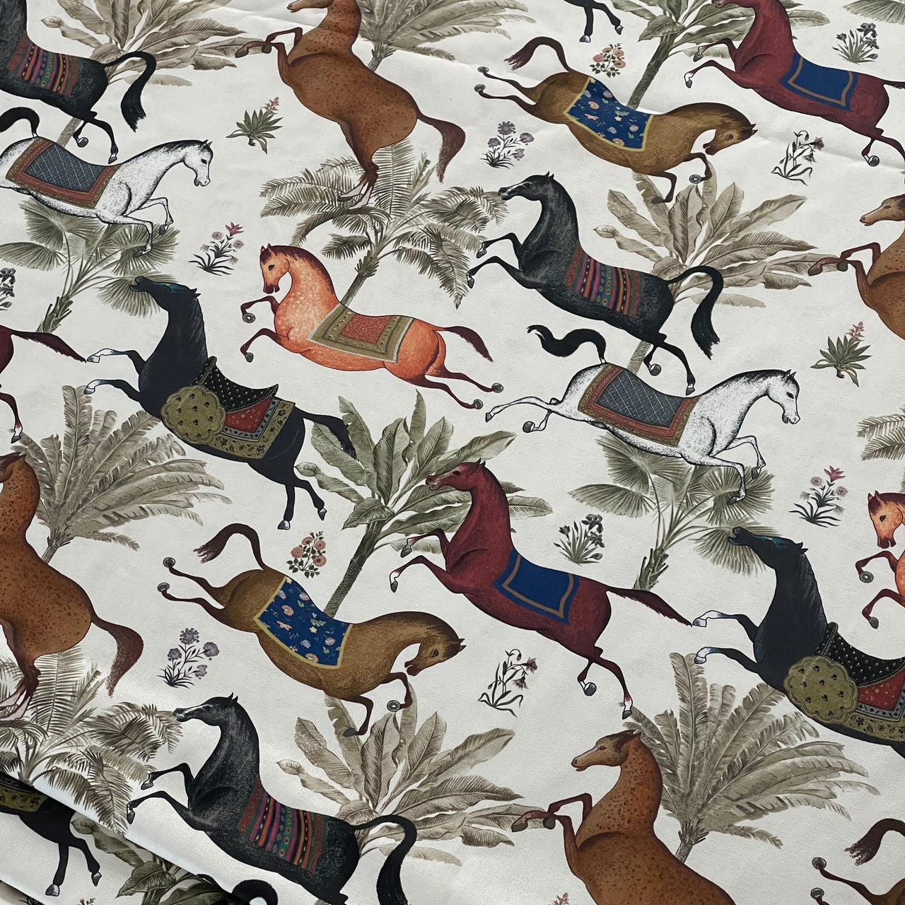 Arabian Horses Galloping on Off-White Cotton Fabric with Palm Tree Design - Perfect for Home Decor