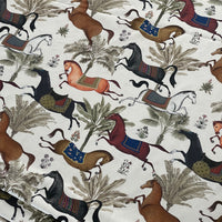 Thumbnail for Arabian Horses Galloping on Off-White Cotton Fabric with Palm Tree Design - Perfect for Home Decor