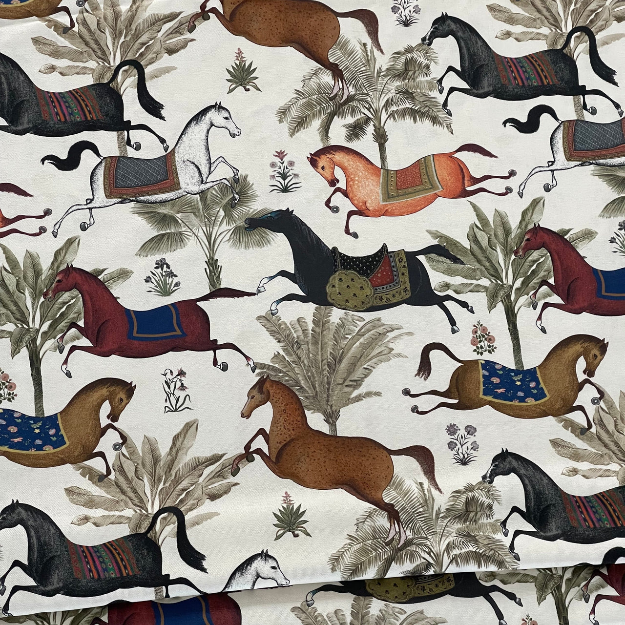 Arabian Horses Galloping on Off-White Cotton Fabric with Palm Tree Design - Perfect for Home Decor