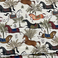 Thumbnail for Arabian Horses Galloping on Off-White Cotton Fabric with Palm Tree Design - Perfect for Home Decor