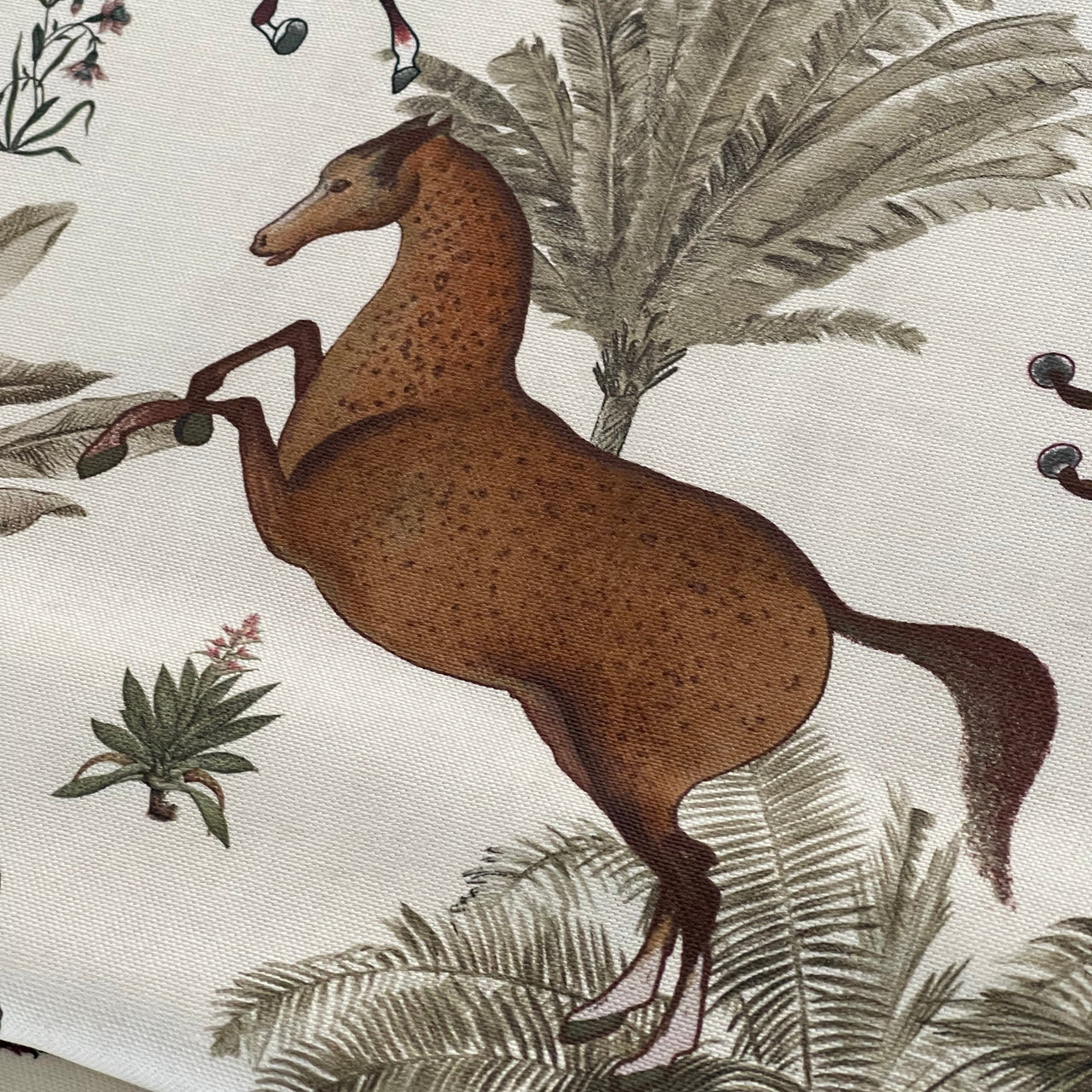 Arabian Horses Galloping on Off-White Cotton Fabric with Palm Tree Design - Perfect for Home Decor