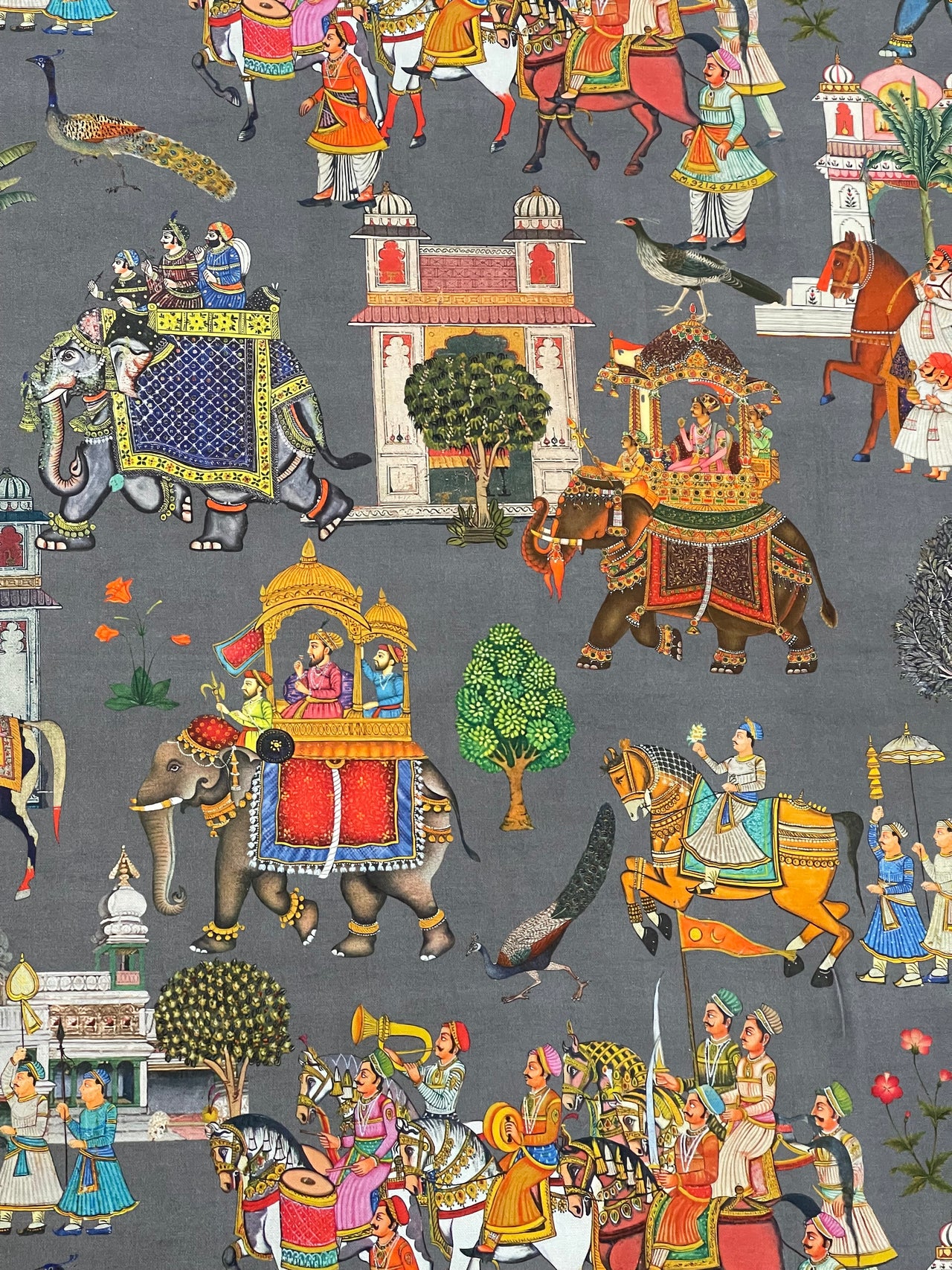 Grey Cotton Fabric with Elephants & Palms Trees - Maharaja Inspired Pattern Palatial Jaipur Dreams