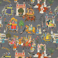 Thumbnail for Grey Cotton Fabric with Elephants & Palms Trees - Maharaja Inspired Pattern Palatial Jaipur Dreams