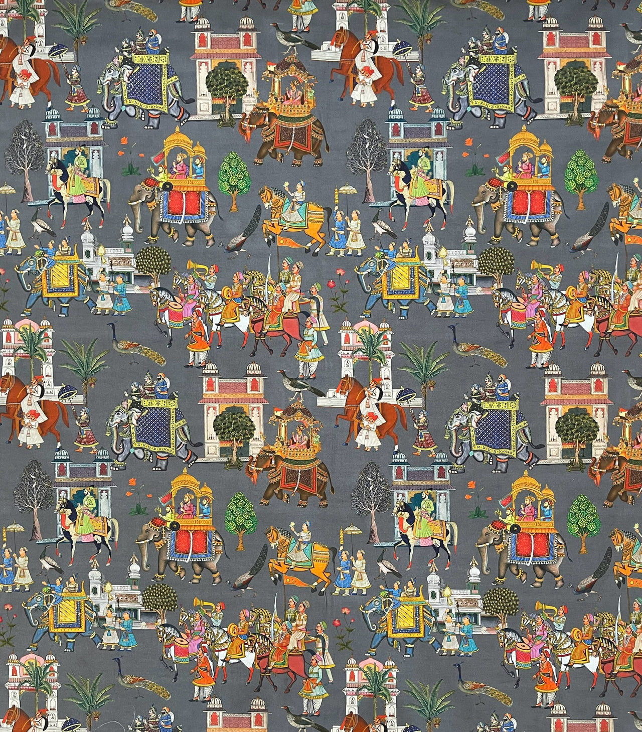 Grey Cotton Fabric with Elephants & Palms Trees - Maharaja Inspired Pattern Palatial Jaipur Dreams