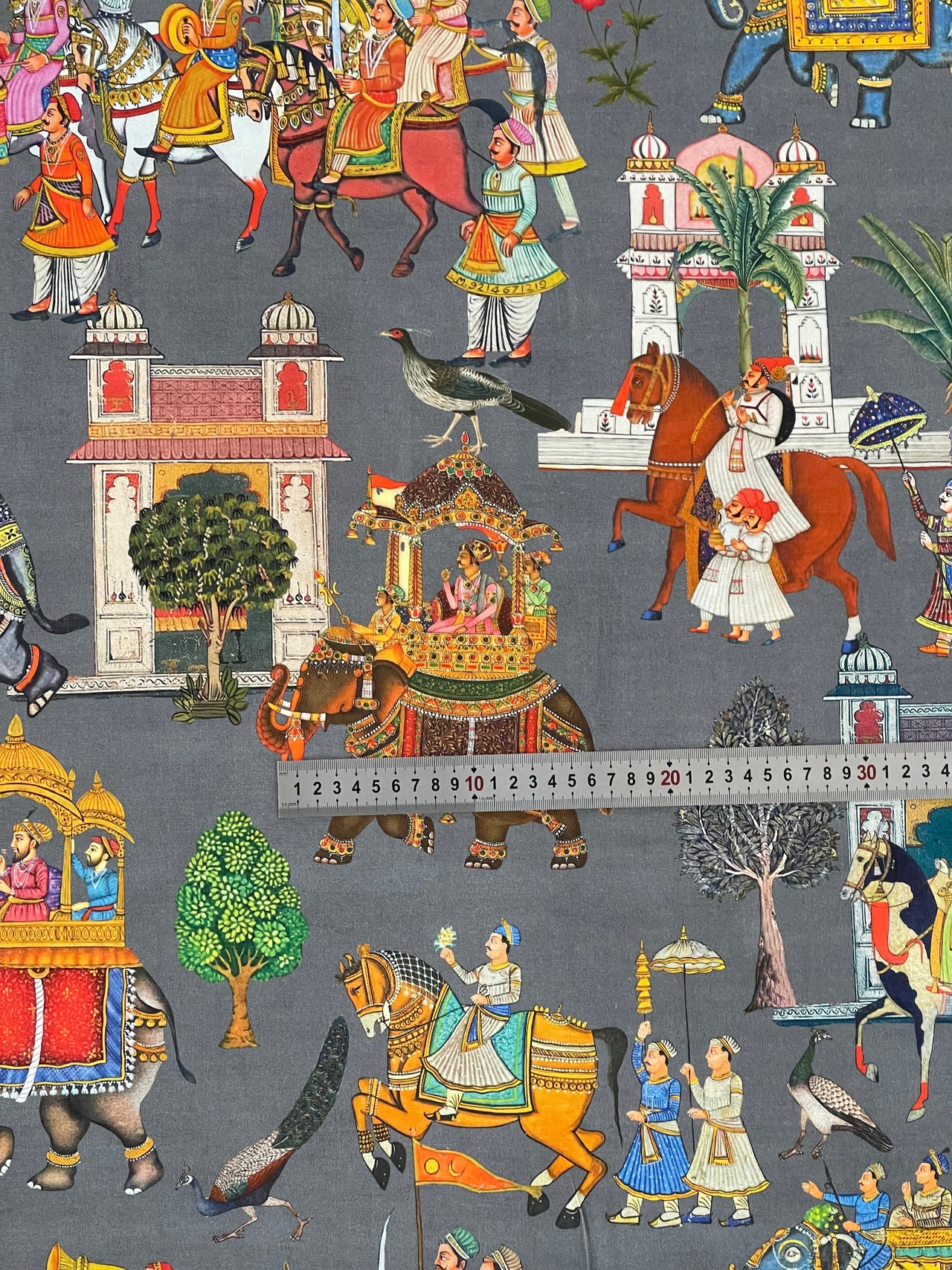 Grey Cotton Fabric with Elephants & Palms Trees - Maharaja Inspired Pattern Palatial Jaipur Dreams