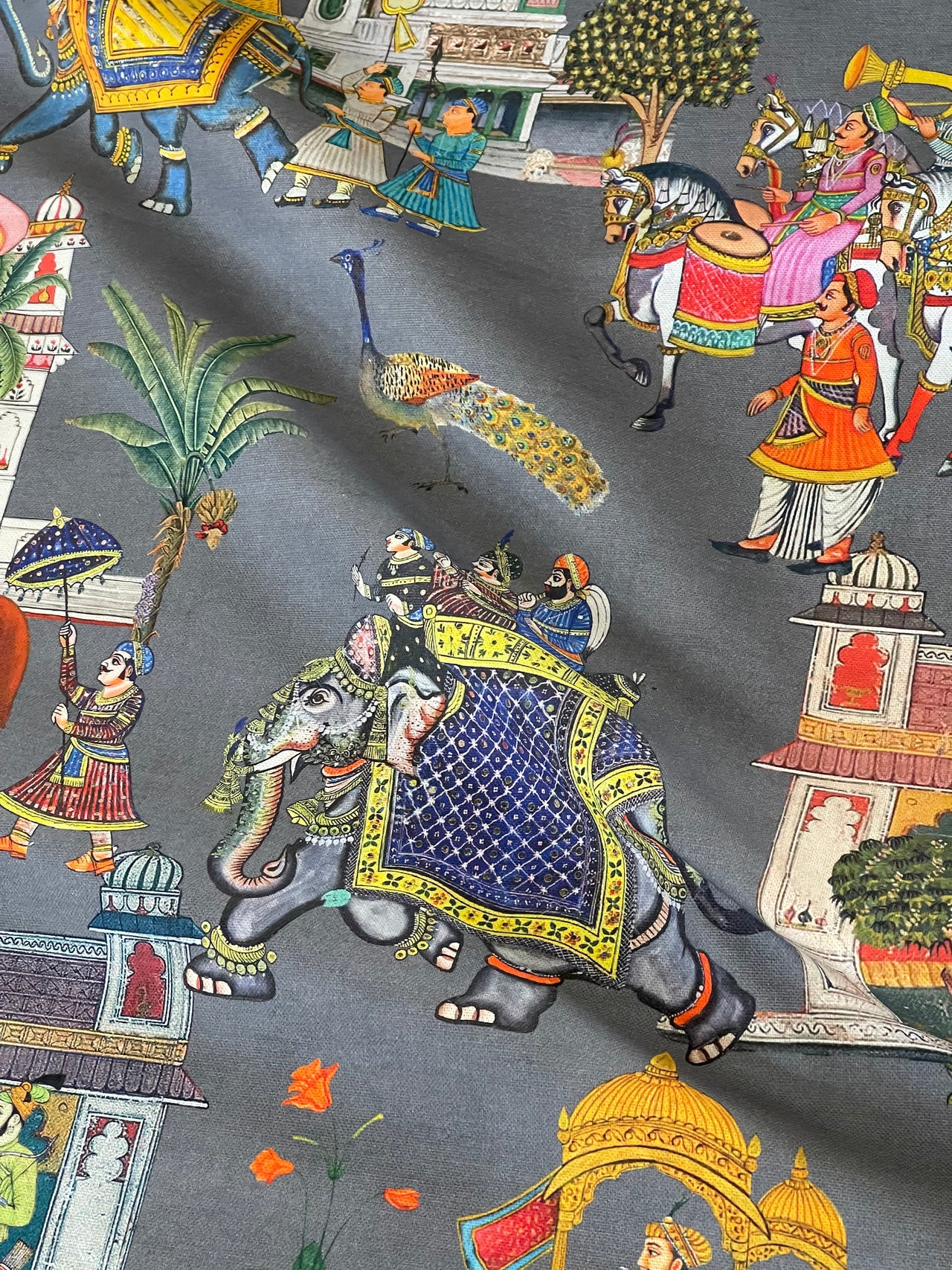 Grey Cotton Fabric with Elephants & Palms Trees - Maharaja Inspired Pattern Palatial Jaipur Dreams